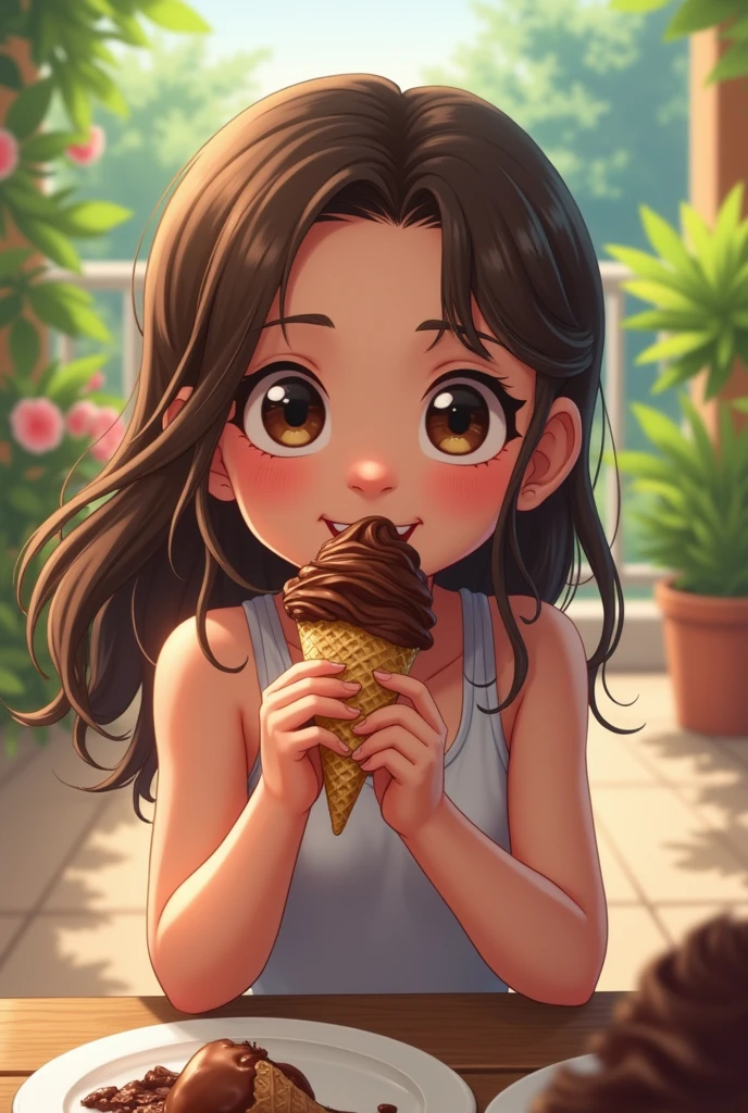One girl eat ice cream of choclate flavor on teris