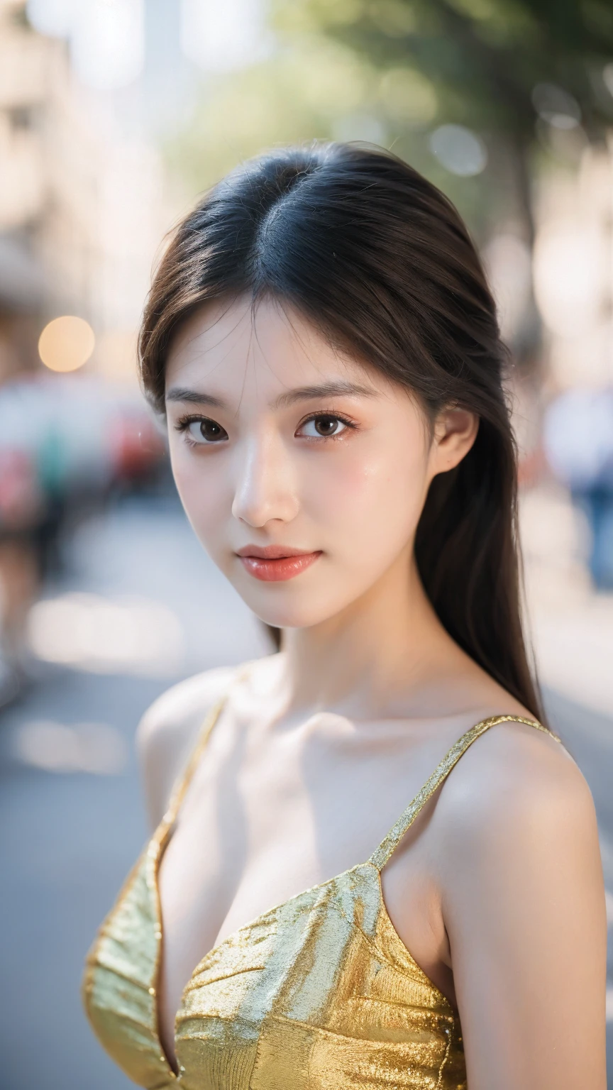 ((Best quality, 8k, masterpiece:1.3)),1girl,18 years old,Asian,Real texture:1.3,(Background blur:1.1),Dress,Tall and slender figure:1.2,(Hot summer weather),(street:1.3),Highly detailed face and skin textures,Exquisite eyes,Long eyelashes,Double eyelids,Skin Whitening,happy,Various lenses,Beautiful breasts
