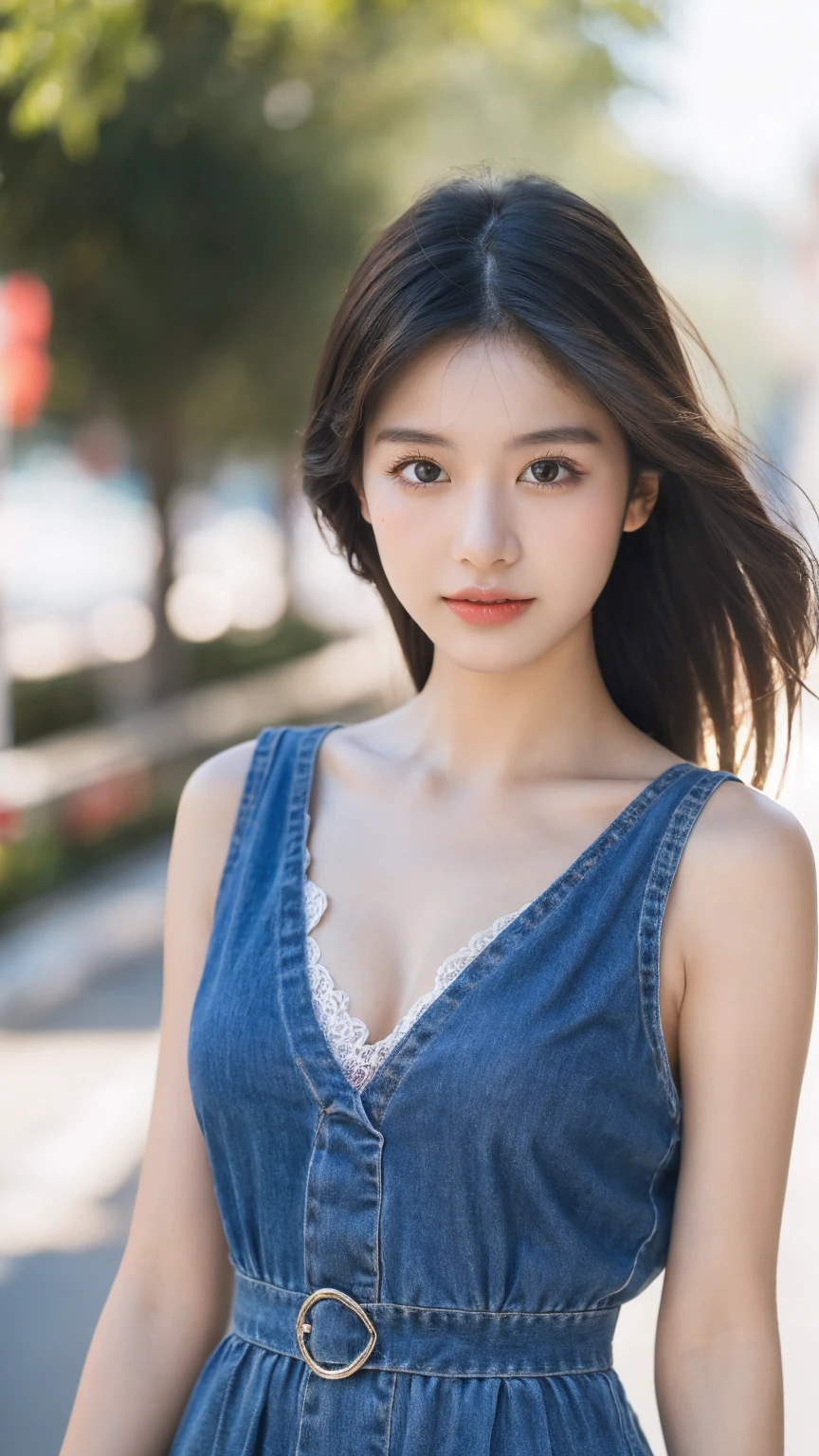((Best quality, 8k, masterpiece:1.3)),1girl,18 years old,Asian,Real texture:1.3,(Background blur:1.1),Dress,Tall and slender figure:1.2,(Hot summer weather),(street:1.3),Highly detailed face and skin textures,Exquisite eyes,Long eyelashes,Double eyelids,Skin Whitening,happy,Various lenses,Beautiful breasts