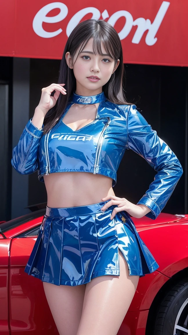(masterpiece), (Racing Girls), Black Hair, A faint smile, Highly detailed eyes and face, Jet Black Hair、Straight Hair、beautifully繊細な目, ((big breast:1.2)), (Highest quality, High resolution, reality, original, 8k,masterpiece, ),(((Dynamic pose))),(((Blue patent leather miniskirt lift))),(((Bare inner thighs))),(Vibrant colors:1.2), (beautifully),((circuitの景色))、sunny、blue sky、circuit、((Stand in front of a sports car))、((Butt thrusting pose))、(((Back view:1.2)))、((from below:1.4))、Healthy Thighs、((Strong winds:1.2))、((Strong windsでスカートが大きくめくれる:1.4))、(Enamel costume))、((Exposed Skin:1.4))