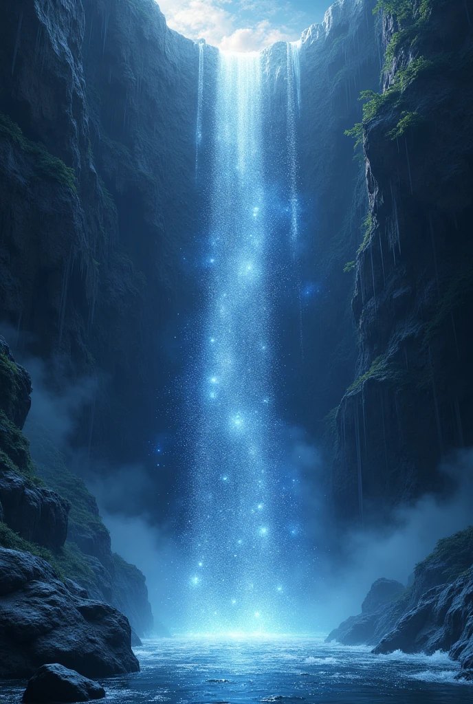 Draw a waterfall flowing from the world upwards, but instead of water, the waterfall is made of stars, meteorites and star dust. Stars are scattered all over the leaf, filling in the blanks.