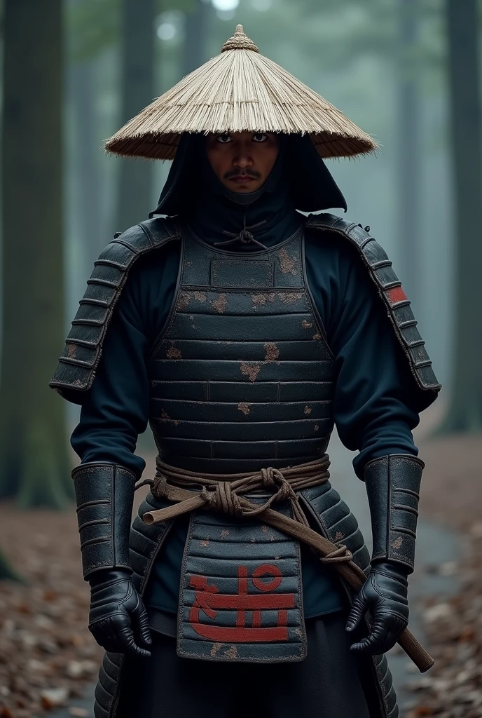 lone samurai, standing tall and resolute. He wears traditional samurai armor, worn and weathered, with black and red accents. His face is partially hidden by a straw hat (kasa), revealing only his eyes—determined, yet weary. stops in a clear. The wind stops, and the night becomes eerily silent. Suddenly, shadows begin to move around him.