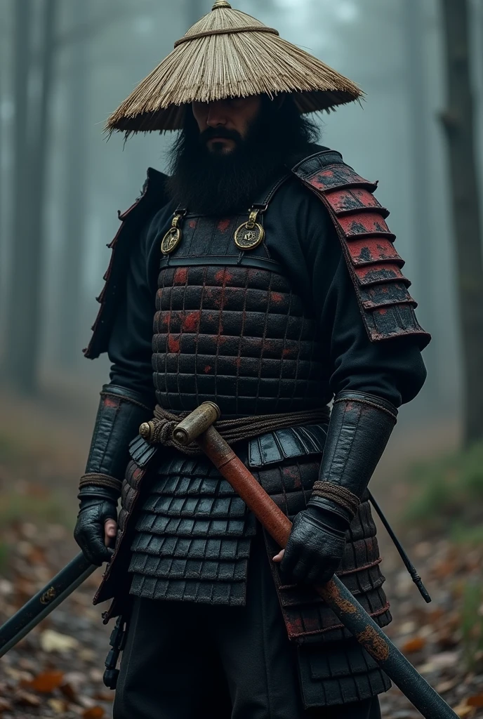 lone samurai, standing tall and resolute. He wears traditional samurai armor, worn and weathered, with black and red accents. His face is partially hidden by a straw hat (kasa), revealing only his eyes—determined, yet weary. stops in a clear. The wind stops, and the night becomes eerily silent. Suddenly, shadows begin to move around him.