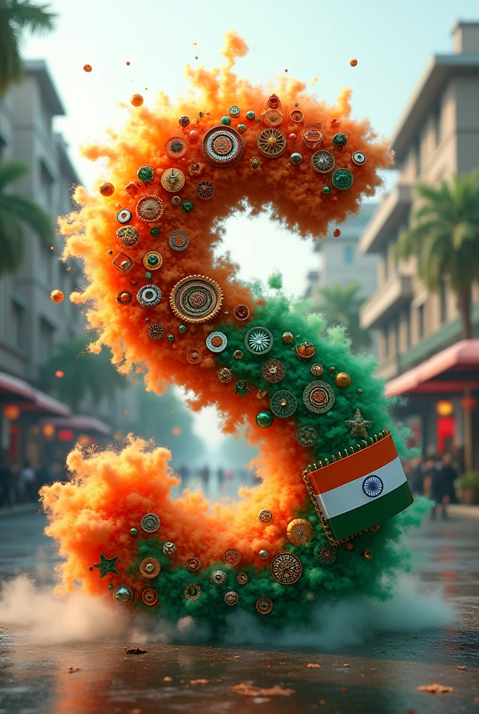 Create a large, stylized letter “S” decorated with and smoke colors and elements of the Indian flag in street. The setting appears to be a indian national flag, as indicated by the independence equipment, including a beautiful cloud, and indian national flag at the base of the “T” The overall theme seems to celebrate  India independence day and 15 August 2024, possibly suggesting pride in Indian red fort and rocket fly in clouds 8k ultra quality images.
