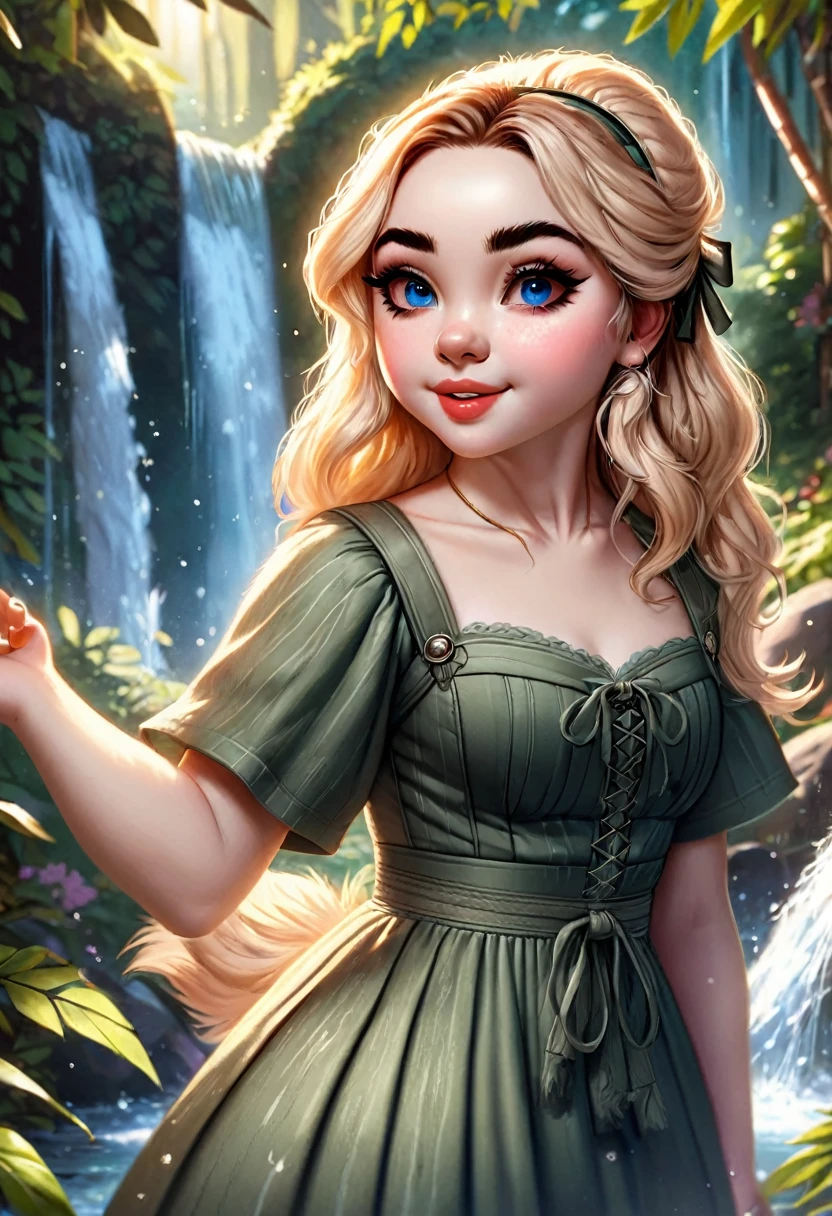Thirst trap beautiful women that looks like Sabrina Carpenter. green sun dress, clean girl aesthetic. Her hair iblonde super strait and sleek, White hairband. official art is an award-winning digital masterpiece in 4K Ultra HD, featuring extreme detail and intricate realism. It combines the artistry of Wlop and Artgerm in a stunning 2D vector illustration. The background is a tranquil waterfall. bright colorful.
