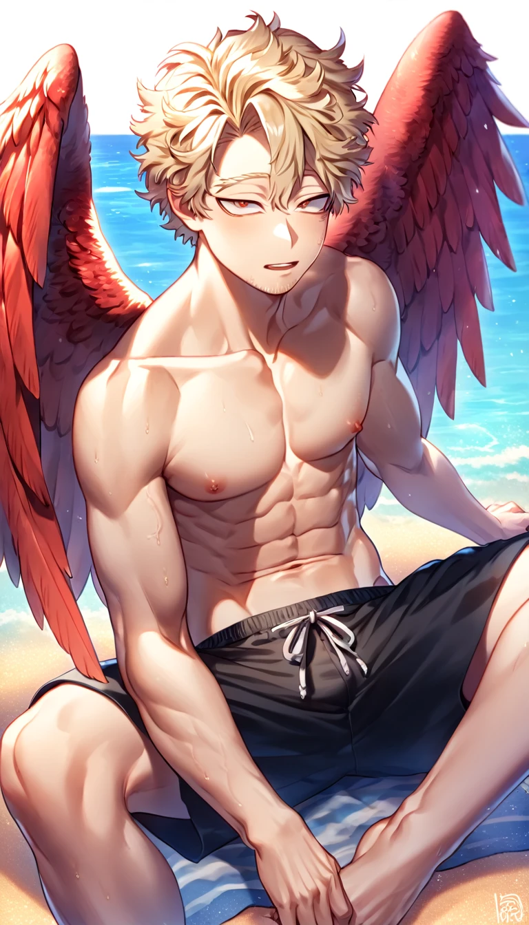 absurdres, highres, ultra detailed, HDR, master piece, best quality, detailed eyes, extremely detailed, delicated features, Hawks, ash-blonde hair, expressive brown eyes, faint stubble, red wings, Boku No Hero Academia, solo, sexy man sitting, handsome, sensual, erotic, bare chest, black shorts, summer, sea, beach, blue sky