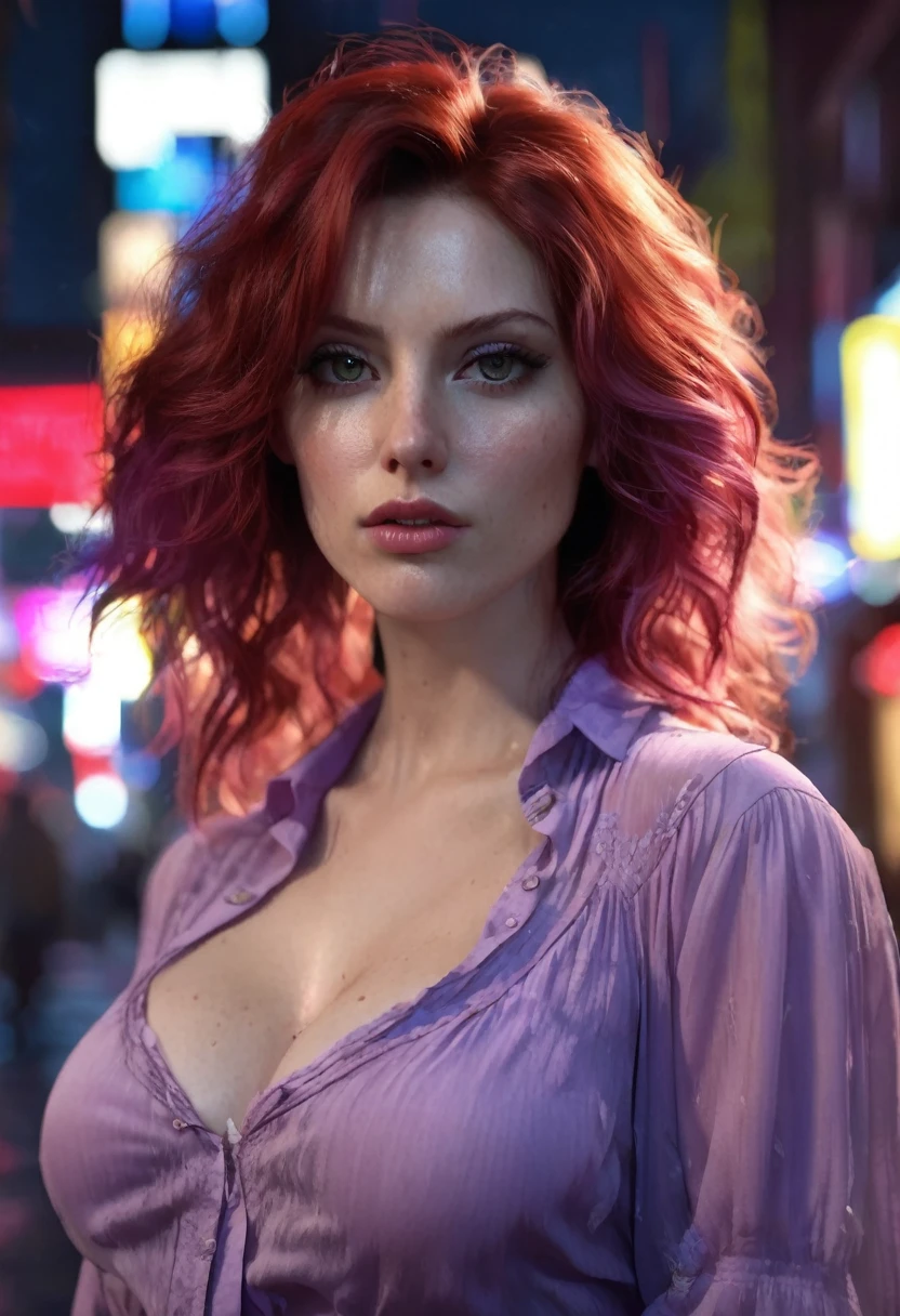 1 woman, inside a city at night, wearing a lilac blouse, feminine red eyes, pale and detailed skin, large breasts, messy medium red hair layered and shaved on the side, dramatic lighting, cinematic composition, dark palette, dark colors, atmospheric haze, thin chin, soft face, serious face, beautiful woman, adult woman, ultra realistic, adult woman, (best quality, 4K, 8K, high resolution, art: 1.2), ultra detailed (realistic, photorealistic, photorealistic: 1.37)