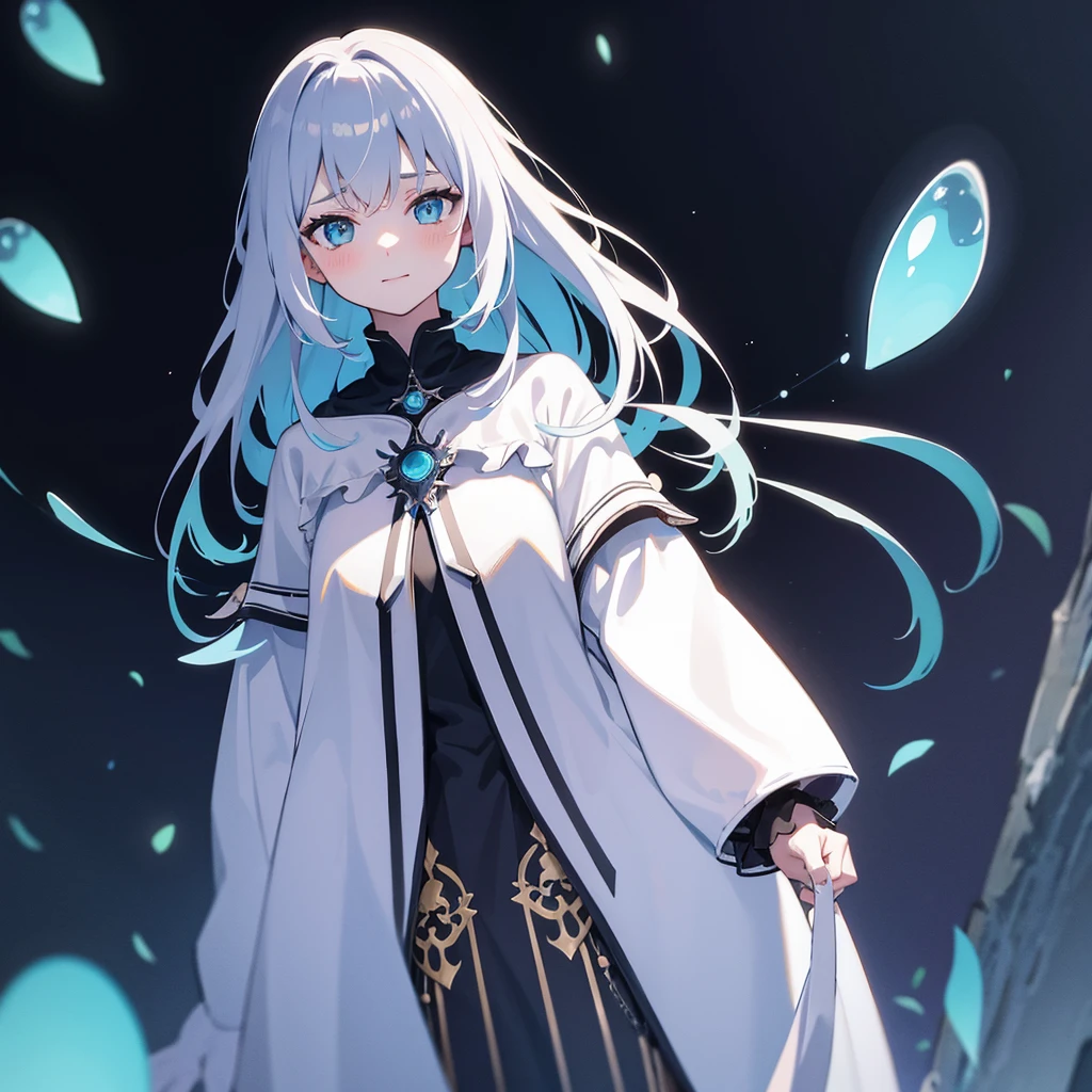 work of art, best qualityer, Julia Fe, 1 girl, standing alone, long hair, looking ahead at viewer, blush, ssmile, negative space, (Bioluminescence:1.2), darkness, darkness background, long sleeves, don, bared shoulders, medium breasts, very long hair, wide sleeves, cape, white don, diadem
