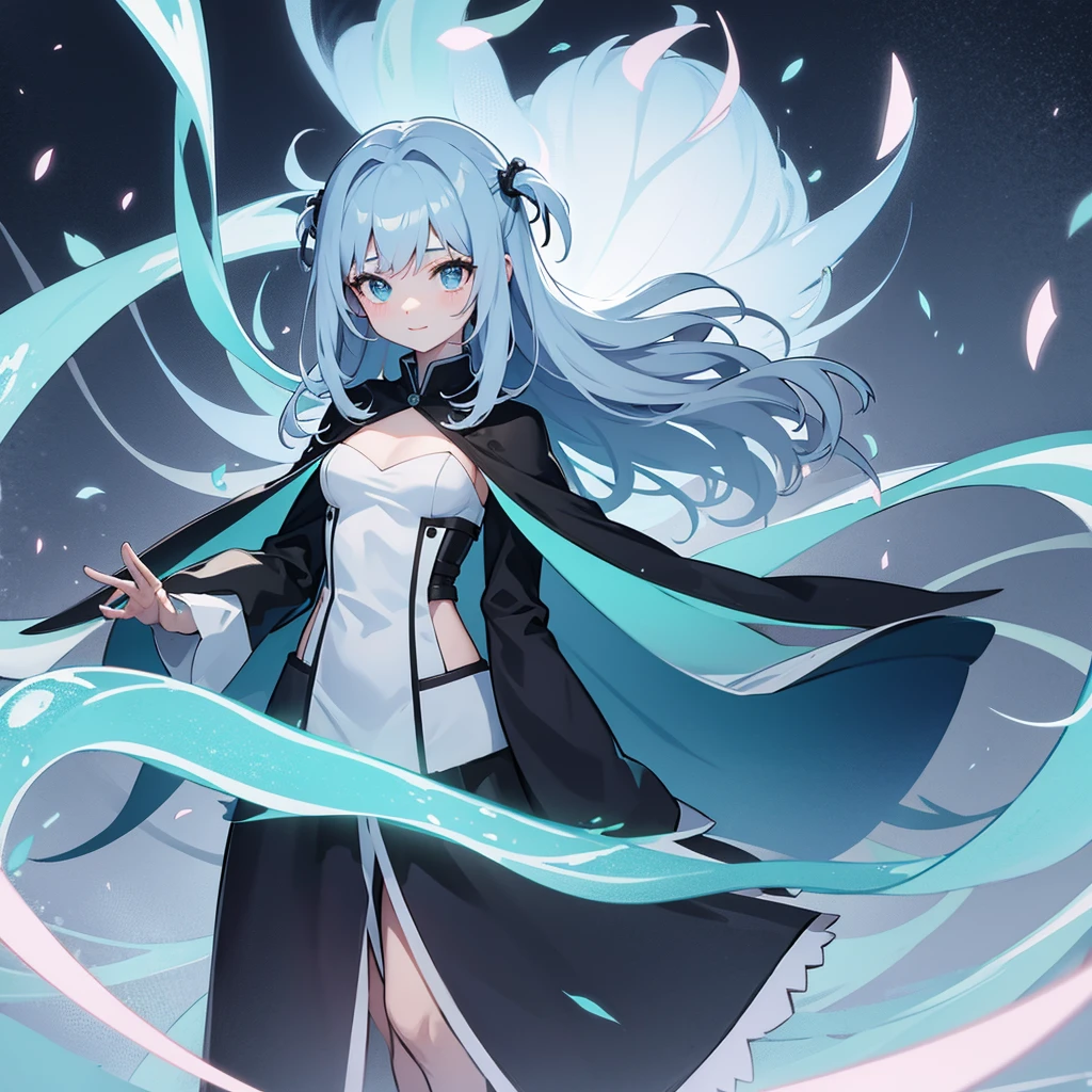 work of art, best qualityer, Julia Fe,  1 girl, standing alone, long hair, looking ahead at viewer, blush, ssmile, negative space, (Bioluminescence:1.2), darkness, darkness background, long sleeves, don, bared shoulders, medium breasts, very long hair, wide sleeves, cape, white don, diadem