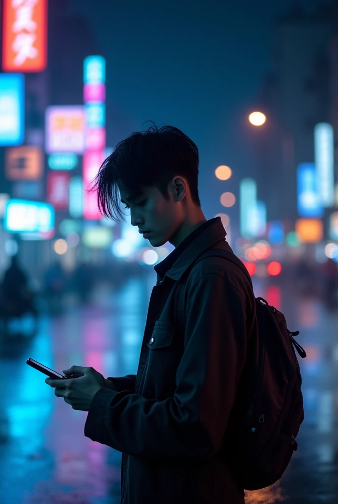 Scene Overview: A handsome young Thai man teenager with fair skin and an oval face, aged 20-25, D-cup 
and holding a phone in hand
Visual Elements: Streets wet from rain, neon lights reflecting on the pavement
Lighting and Colors: Vibrant yet isolated, blues and purples dominate
Dynamics and Motion: The young man holding a phone in hand
 on the road
Focus and Background: Focus on the young man holding a phone in hand
 on the road, with city life blurred in the background
Emotion and Atmosphere: A profound sense of the young man holding a phone in hand, amidst the vibrant city. Expressive and poignant scenes with a focus on the young woman and a hand phone, set against a backdrop of modern technology and urban spaces. The visuals should convey a deep sense of yearning and emotional struggle, with muted colors and dramatic lighting to enhance the mood.