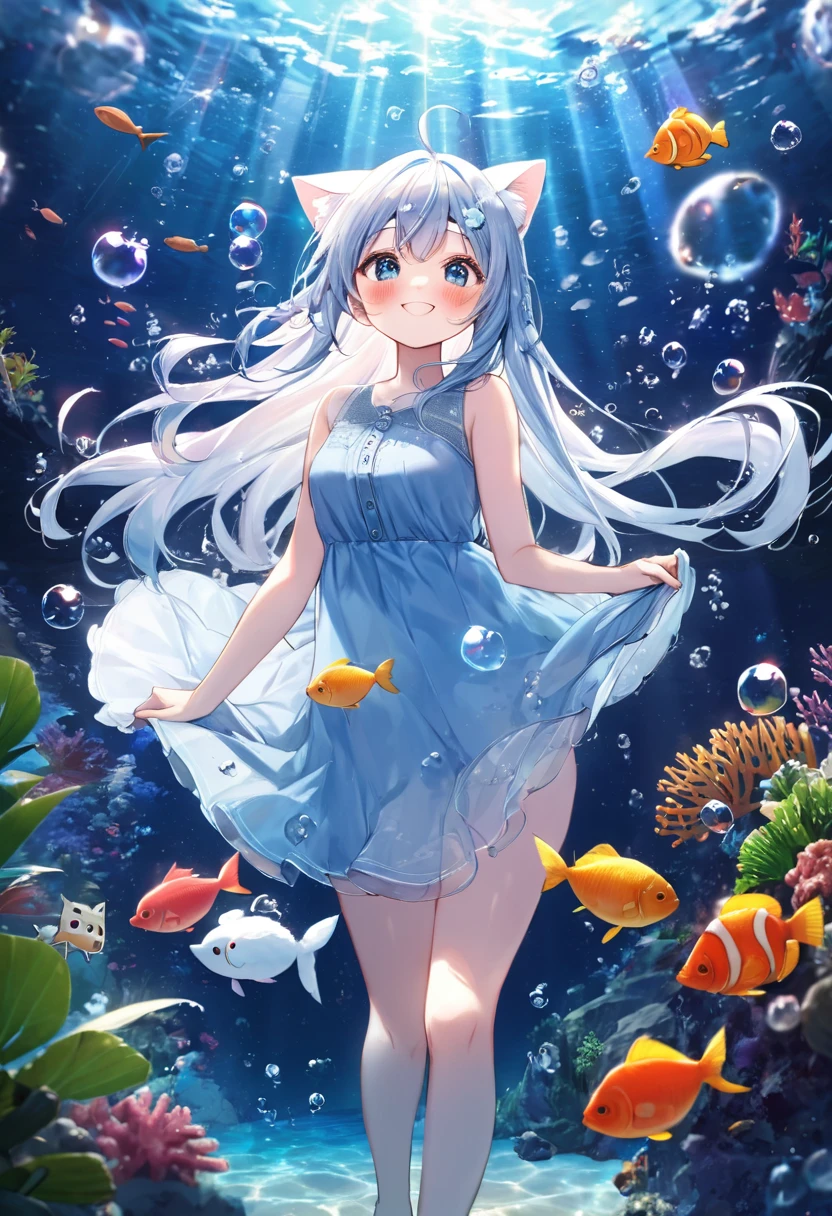 ,(((( light blue long hair)))),light blue hair, , long hair ((blush)) , cute face, big eyes, masterpiece, best quality,(((((a very delicate and beautiful girl))))),Amazing,beautiful detailed eyes,blunt bangs((((little delicate girl)))),tareme(true beautiful:1.2), sense of depth,dynamic angle,,,, affectionate smile, (true beautiful:1.2),,(tiny 1girl model:1.2),)(flat chest),(Panorama, center, masterpiece, highest quality: 1.2), (8K、Raw photo、highest quality、look up:1.2、masterpiece:1.2、Genuineistic、Ultra-high resolution、High Contrast、Photon Mapping、Genuine、Very detailed、Official Art, Raw photo、professional Lighting、 Light、Vivid atmosphere、twiceLight) , (1 girl), (One white kitten), In the sea、A girl and a kitten、I see you standing looking up at the sea。In the sea,々Bubbles are bubbling。Different types、Colorful tropical fish swimming。You can see the corals and underwater plants。Even though it's underwater、As if you were on the ground。Captivating natural beauty,Shining Star Fragment, An atmosphere that exudes the excitement of adventure。An atmosphere that makes you feel happy and joyful。High Fantasy Worldview, Beautiful depiction of grand composition and proportions, Guardian nebula of rainbow light and silvery vapor, Corrosive Encirclement Ray Family Color, slimy air feeling,