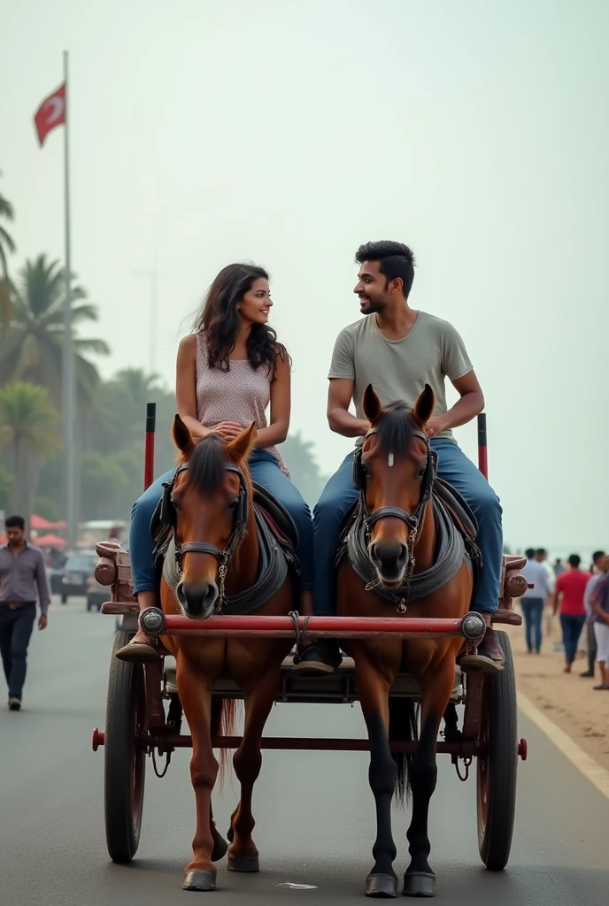 A boy age 27 south India from andhrapradesh wear jeans and t-shirt dusky skin and there was a girl age 25 north India from mumbai looks very modern she wears western dress looks very beautiful and active. Both are travelling in horse cart at marine beach drive in front of taj hotel.