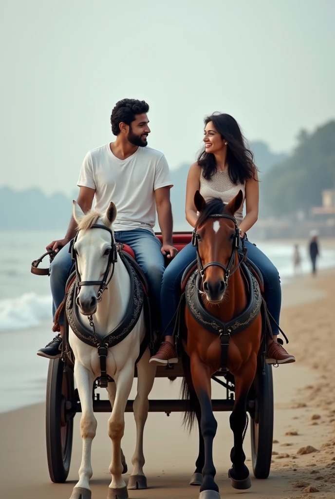 A boy age 27 south India from andhrapradesh wear jeans and t-shirt dusky skin and there was a girl age 25 north India from mumbai looks very modern she wears western dress looks very beautiful and active. Both are travelling in horse cart at marine beach drive in front of taj hotel.