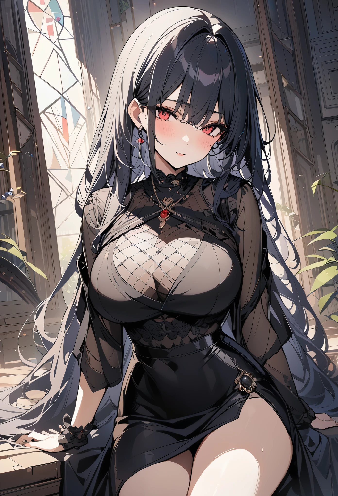 ,beautiful flower々),Big Breasts,Red eyes、 (masterpiece, Highest quality), Official Art, beautifully、aesthetic: 1.2), (1 girl), Very detailed, (Geometry Art: 1.3), colorful