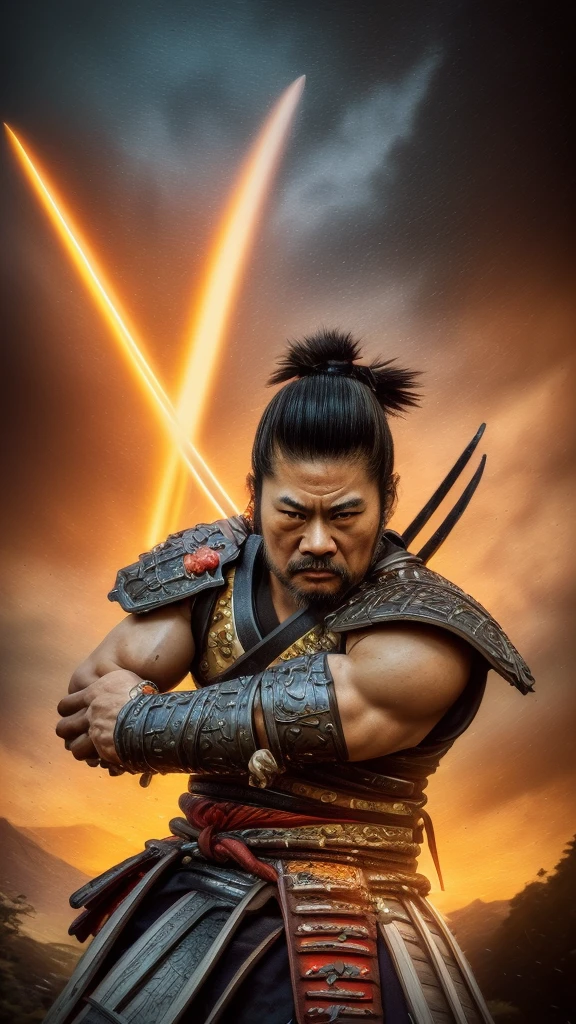 A muscular samurai in the Sengoku period, detailed intricate drawing, skyactive logo eye markings, lightweight and agile armor, skyactive engine design sword, speeding roadster, lush hilly circuit, sunset sky, japanese sword, long hair, focused expression, best quality,4k,8k,highres,masterpiece:1.2,ultra-detailed,realistic,photorealistic,photo-realistic:1.37,HDR,UHD,studio lighting,ultra-fine painting,sharp focus,physically-based rendering,extreme detail description,professional,vivid colors,bokeh,concept art