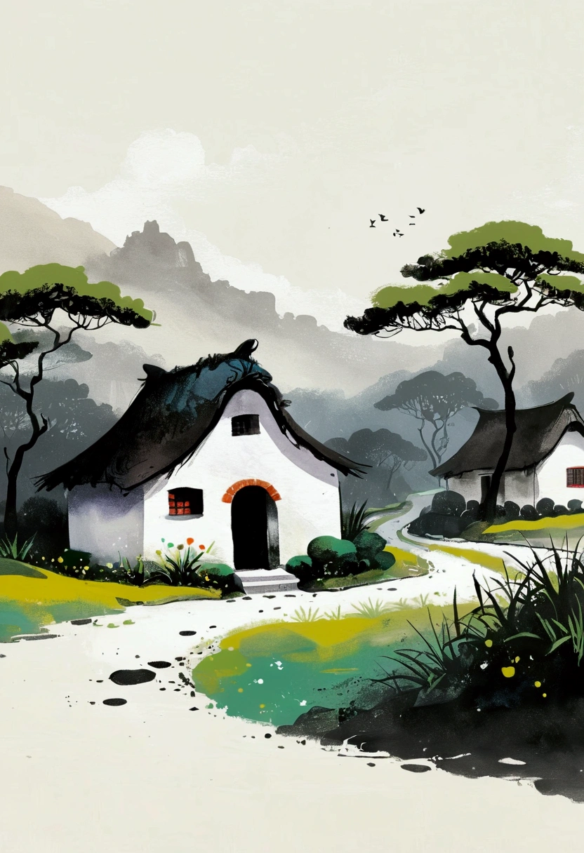 Sky occupies 3%/4,75%blank.Chinese Ink Painting Sketch:Peaceful and Freehand,abstract,artistic conception:2.Dot,A small thatched hut on a winding path - chimney,Minimalism,White background。(((Negative Space:2,大面积blank:2, Bottom left corner composition)))