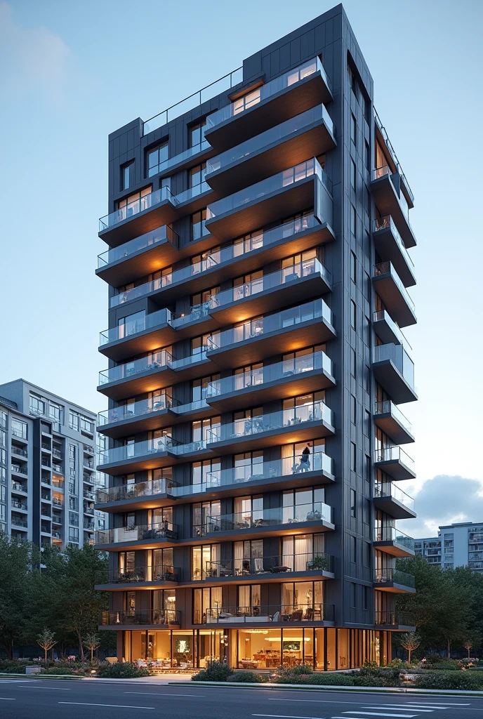 High-density residential building with common areas and balconies in a residential zone