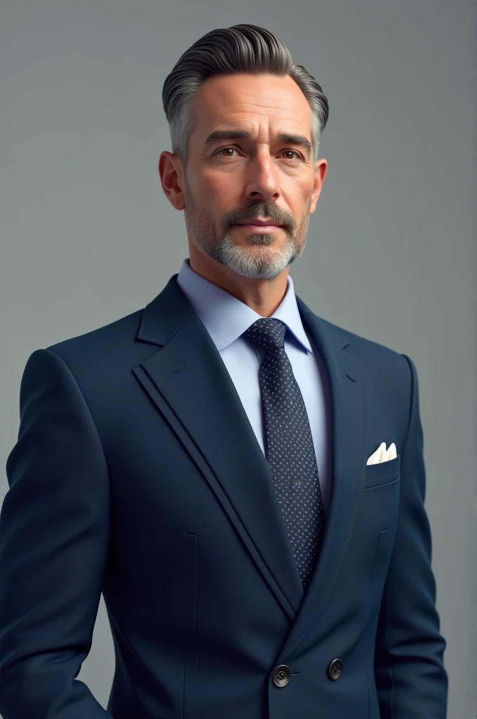 "A man wearing a blue suit a simple gentleman haircut in a realistic style."