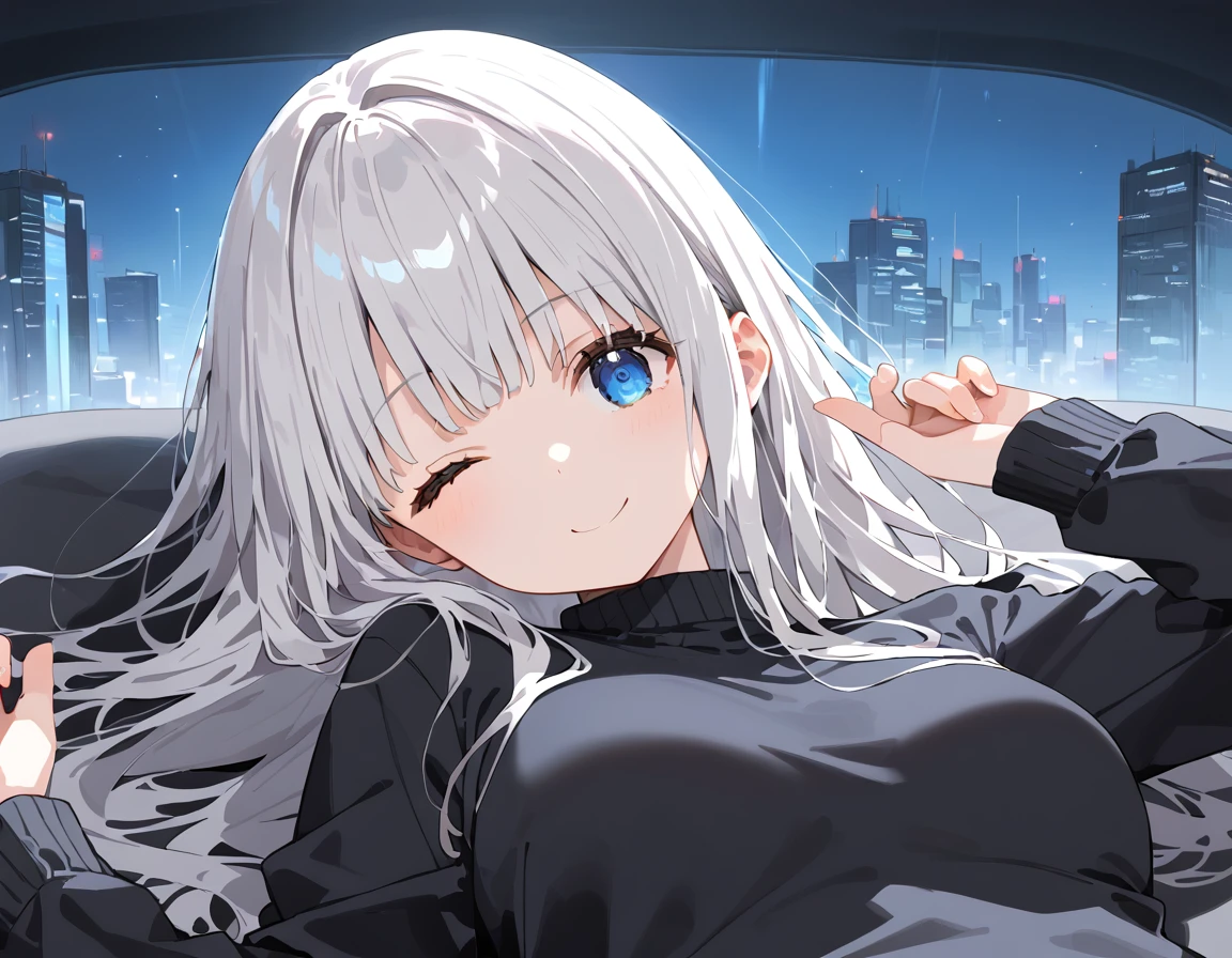 anime style, front view, oval face, Fair skin, Blue eyes blend black, white hair, bangs, long hair, medium chest, black inner and white sweater, Slanted eyes, wink right, small smile, Lying, future bedroom, Volumetric light, Volumetric particles,