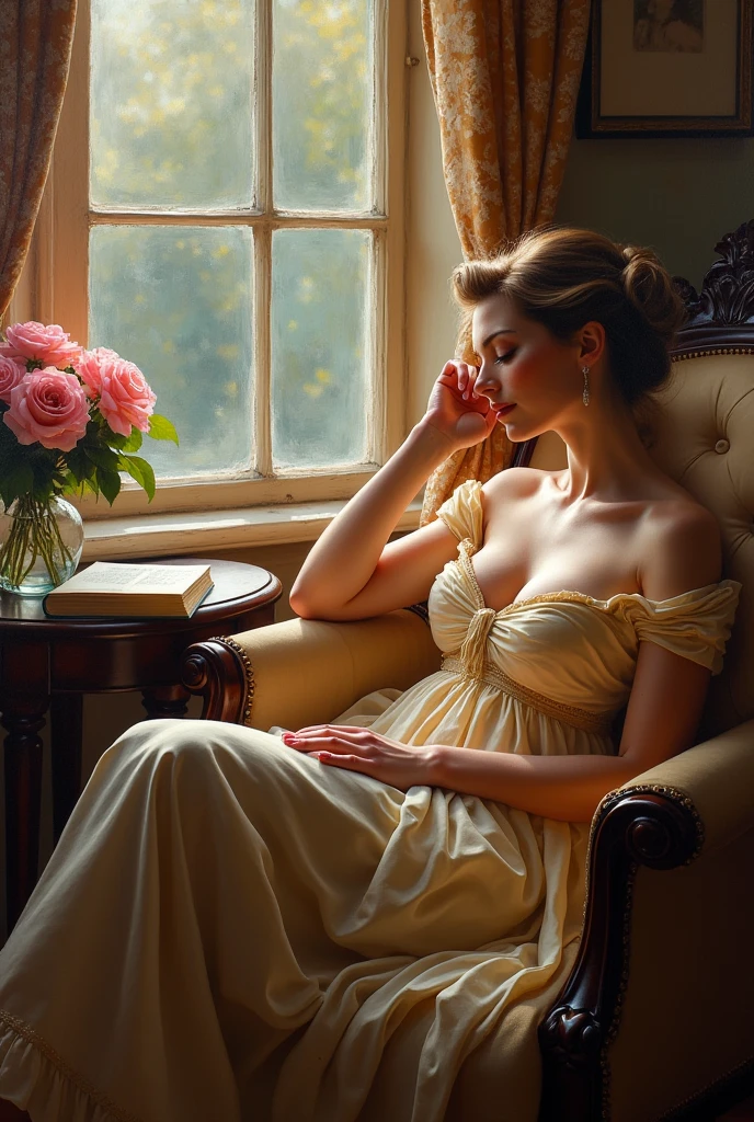 A thick textured oil painting, A Highly detailed, realistic oil painting of a elegant woman painitng her toe nails, while looking out the window,, Glass jar with pink roses on side table, slumped down in a chair with her feet upshe fell asleep while reading a book, she is nodding off, by open window , {{net curtains blowing with window breeze breeze}} clay interior walls, her eyes closed, perfect arms and hands, elegant in nature, beautiful backlighting on hair, full lips, wavy hair, up-do, her elbow leaning on arm of chair, {{Antique rosewood armchair / Georgian button back chair}}, with her hand resting under her chin, smiling about the events of the day, wearing a beautiful polka dots dress, with exposed cleavage, {{nudity}} breasts exposed and hanging out, {{1 breast out leaking milk from nipple}}, ((golden ratio}} sleepy after a long day, a sensual painting, a Beautiful expressive painting, Wadim Kashin. Ultra Painting realism, Louise Ross, Fine paintings, thick strokes, pallette knife, impasto, Albrecht Dürer, Rembrandt, baroque art, alla prima, sfumato, chiaroscuro, intense light, {{catchlight}} {{Bad hands}}