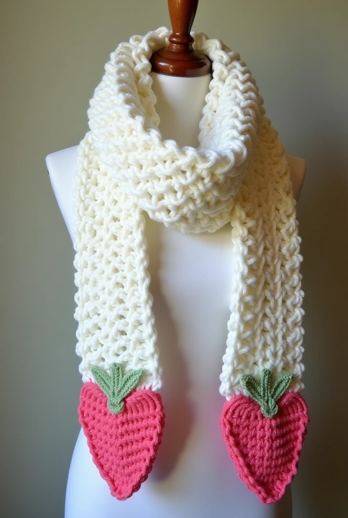 Long white crochet scarf with pink strawberry design at the ends