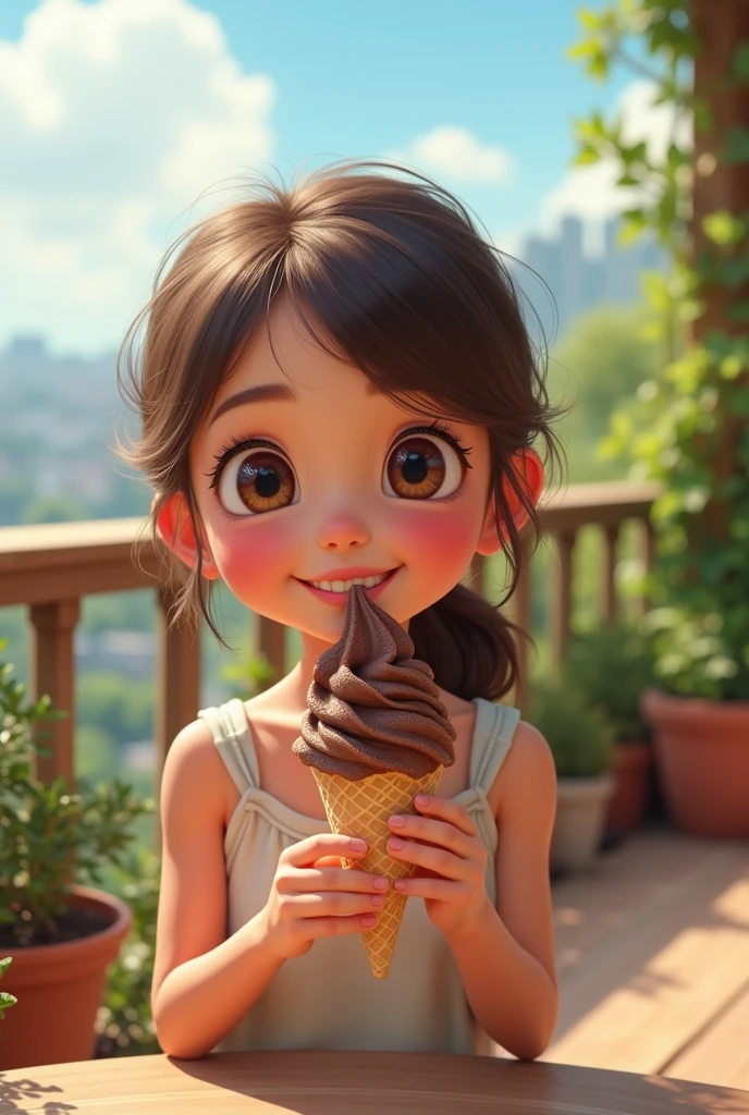 1 cute girl, freckles, 独奏, looks at the viewer,Hold the ice cream, Shut up and laugh
