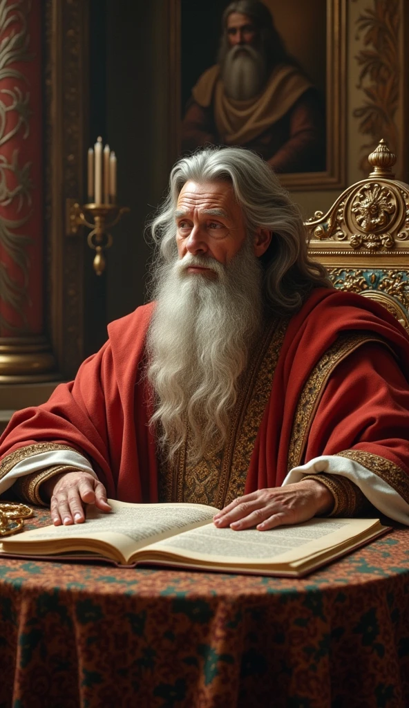 ((best quality)), ((masterpiece)), (detailed), perfect face
"An older King Solomon, with white skin and wavy brown hair now streaked with gray, sits in a richly decorated chamber. He is surrounded by scrolls, books, and treasures from various lands. Solomon wears a luxurious robe and a crown, his face reflecting wisdom and experience. Around him, scholars and advisors listen intently as he speaks, with the room filled with symbols of knowledge and wealth."