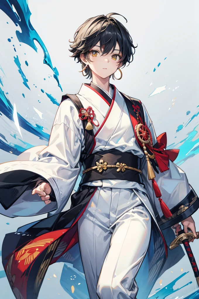 Highest quality, 16K, masterpiece :1.3 Ultra High Resolution No abnormalities in detail Detailed face boy Male neutral cool Small stature White hair reaching down to the eyes Yellow Eyes kimono Carrying a Japan sword on his waist Tight eyes Wearing earrings Male laughing Black and white kimono ephemeral The whole body is visible boyish No background Magical Beauty