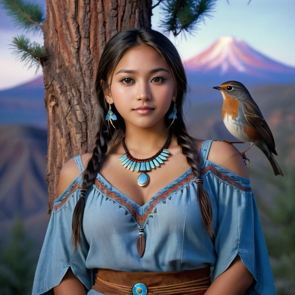 (grainy:0.5), cinematic, beautiful girls 25 year old native american,fantasy,(solo:1.3), detailed brown eyes, detailed face, detailed native american sexy clothing, volumetric lighting, dusk, extremely detailed background, standing next to tree and mountain, smiling, half closed brown eyes, tilted head, from side, sitting next to her American Robin