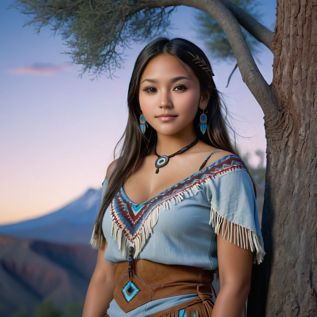 (grainy:0.5), cinematic, beautiful girls 25 year old native american,fantasy,(solo:1.3), detailed brown eyes, detailed face, detailed native american sexy clothing, volumetric lighting, dusk, extremely detailed background, standing next to tree and mountain, smiling, half closed brown eyes, tilted head, from side, sitting next to her American Robin