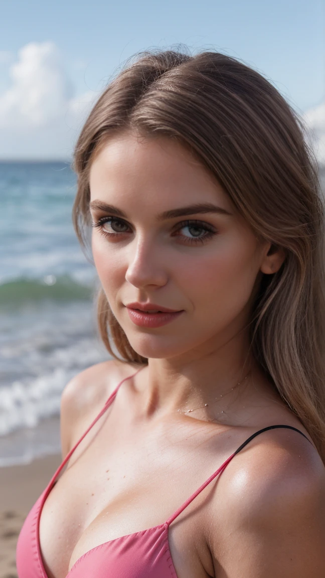 Blonde brown shining hair, (RAW Photos), (realism: 1.8), (Glossy red lipstick, Lots of eyelashes, Dark black eyeshadow, shy, blush, high quality, High resolution, Beach depth of field, chromatic aberration, caustic, Wide Light, Deep pink glossy skin, (21-year-old woman), Stylish college girl, Pink bikini only, Lots of exposure, Pause, Display in 8K resolution,
