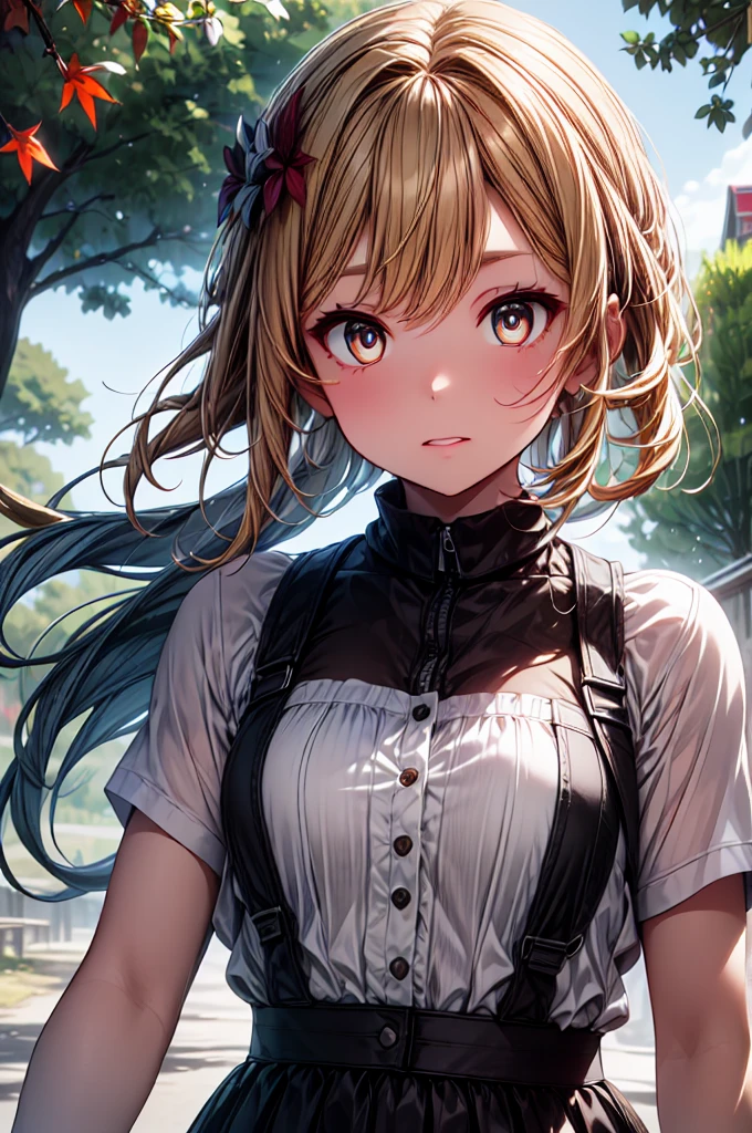 Chisatoniki, Chisato, short hair, bangs, Blonde, (Red eyes:1.5), Hair Ribbon, One side up, Bobcut,
break shirt, Exposing shoulders, Twin tails, clavicle, Hair Ribbon, White shirt, Frills, Off the shoulder, Red ribbon, 短いTwin tails, Off the shoulderシャツ, frills shirt,
break outdoors, Grin,
break looking at viewer, break (Tabletop:1.2), highest quality, High resolution, Unity 8K Wallpaper, (figure:0.8), (Beautiful fine details:1.6), Highly detailed face, Perfect lighting, Highly detailed CG, (Perfect hands, Perfect Anatomy),Nipples are visible