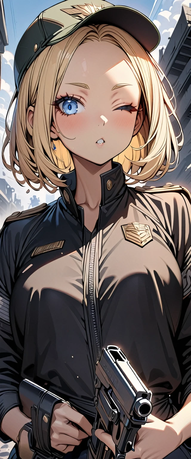 Bobcut　Blonde　forehead　Nazis　Black costume　Army Costume　Army Caps　((Shoulder jacket))　pistol　((Loose-fitting clothing))　((Upper Body))　Big eyes　Blue eyes　Mouth closed　Highest quality　Super detailed　detailed woman　High quality　8k　