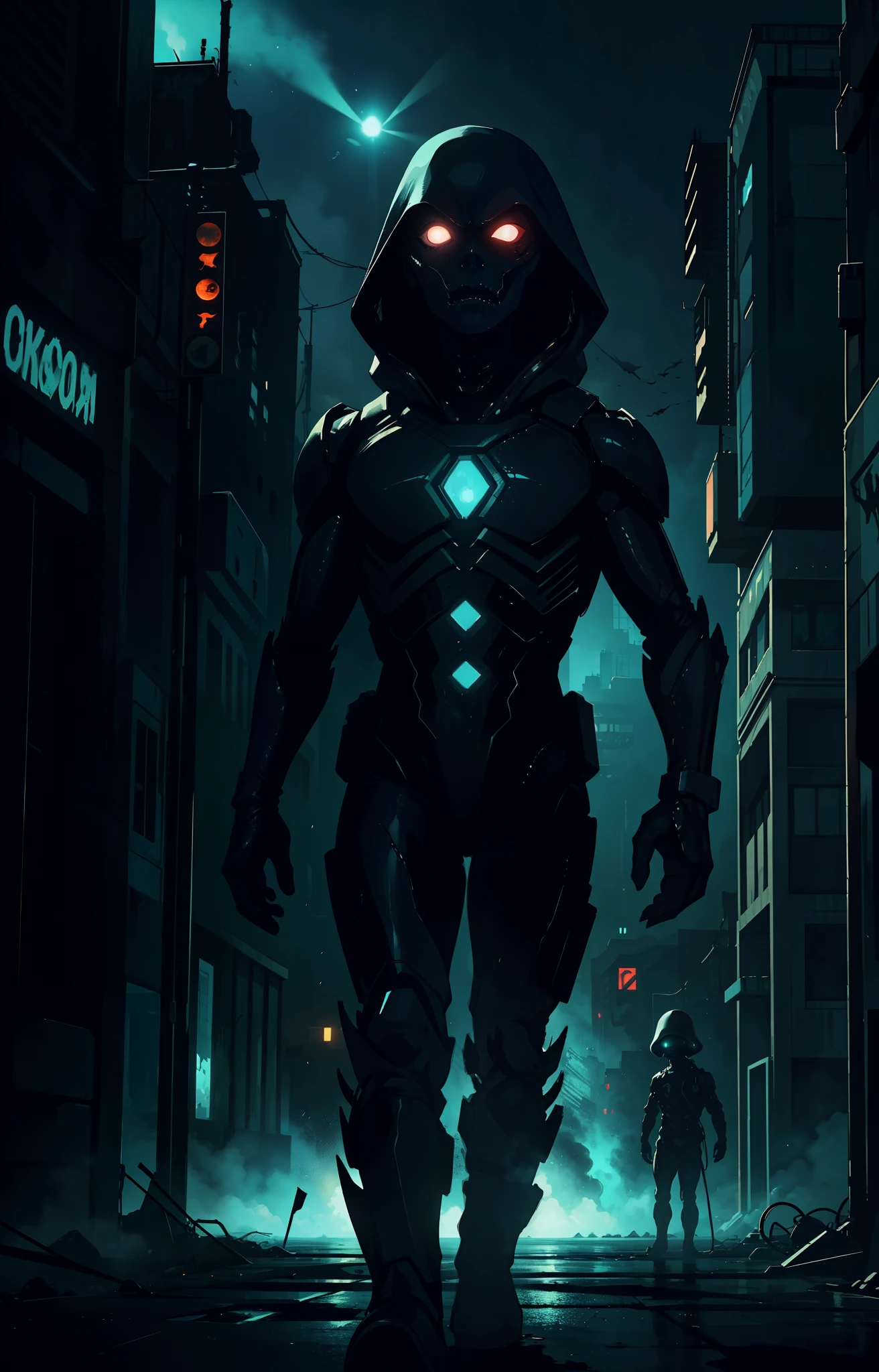 "Creepy and intense alien invasion scene with dark atmosphere, dramatic lighting, and intense action. Show powerful extraterrestrial creatures, advanced technology, destroyed cityscape, panicked civilians, and a sense of imminent danger. Generate an unsettling and immersive image that captures the chaos and terror of an otherworldly invasion."