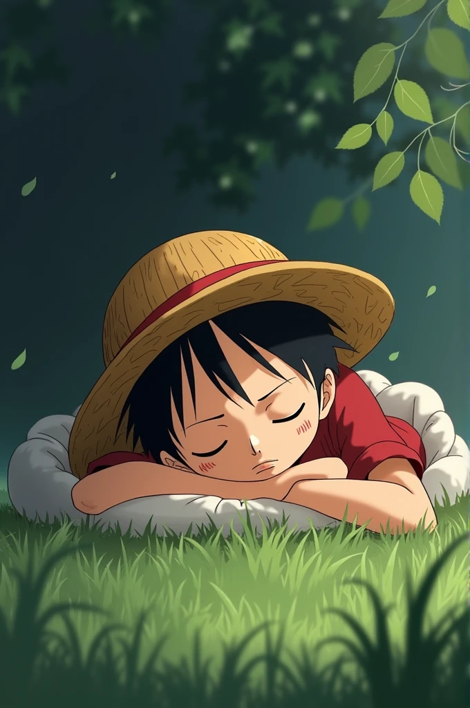 Luffy puts his hands over his head while sleeping 