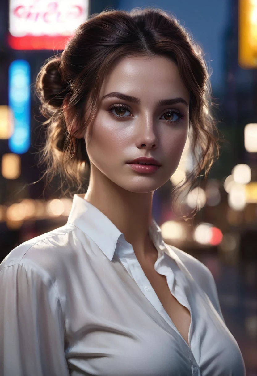 1 woman, inside a city at night, wearing a white blouse, feminine brown eyes, clear and detailed skin, brown hair in two side buns, dramatic lighting, cinematic composition, dark palette, dark colors, atmospheric haze, thin chin, soft face, serious face, beautiful woman, adult woman, ultra realistic, adult woman, (best quality, 4K, 8K, high resolution, art: 1.2), ultra detailed (realistic, photorealistic, photorealistic: 1.37)