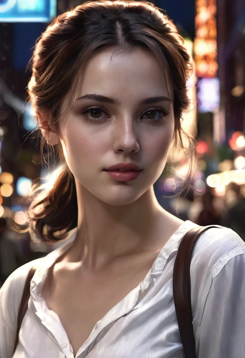 1 woman, inside a city at night, wearing a white blouse, feminine brown eyes, clear and detailed skin, brown hair in two side buns, dramatic lighting, cinematic composition, dark palette, dark colors, atmospheric haze, thin chin, soft face, serious face, beautiful woman, adult woman, ultra realistic, adult woman, (best quality, 4K, 8K, high resolution, art: 1.2), ultra detailed (realistic, photorealistic, photorealistic: 1.37)