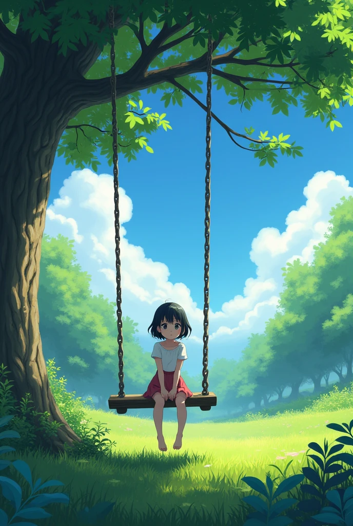 anime landscape of a girl short hair on a swing on a tree, anime nature wallpaper, beautiful anime scene, anime beautiful peace scene, makoto shinkai cyril rolando, beautiful anime scenery, amazing wallpaper, anime art wallpaper 8k, animated background, animated background art, 4k anime wallpaper, anime art wallpaper 4k, anime art wallpaper 4k, swing on a tree