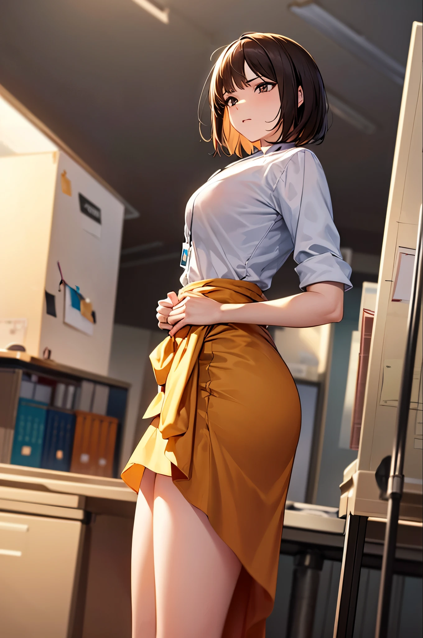 masterpiece, wonderful, (office: 1.8), Ultra-high-definition CG drawing, Are standing, One royal sister, anger, Woman with short brown hair, Layered Dresses, Clasp your hands around your waist, To the audience, figure, Wide Angle Panorama