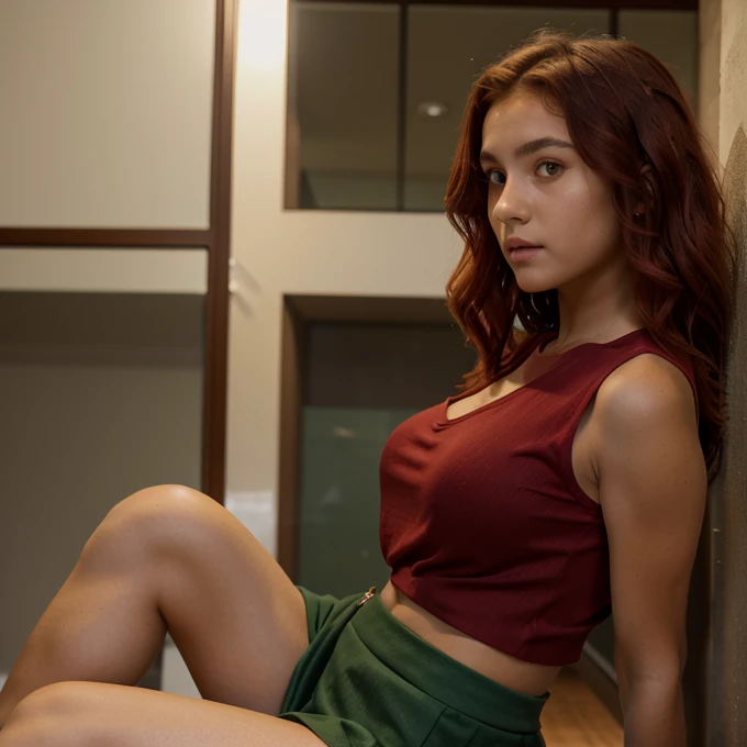 Fullbody, judith, , wavy in red hair, Very tanned, dark green eye, very large big bust, posing long from Side in the photo, short wearing sleeveless and very open dark red Top, short executive Tight skirt, high heels