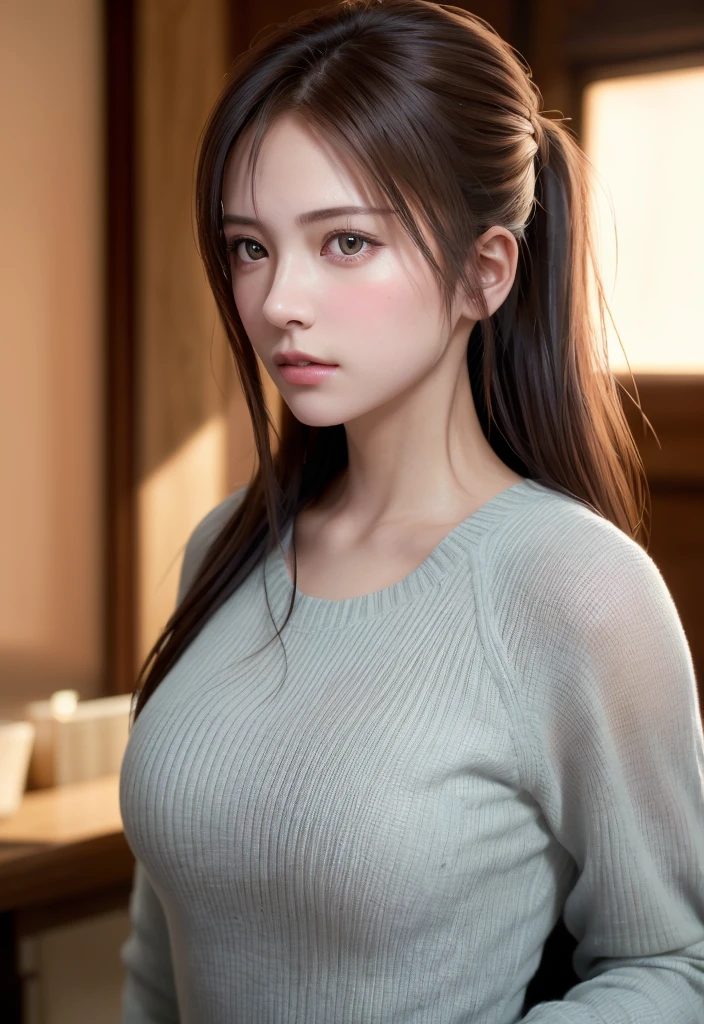 8K, of the highest quality, masutepiece:1.2), (Realistic, Photorealsitic:1.37), of the highest quality, masutepiece, Beautiful young woman, Pensive expression, Thoughtful look, Elegantly dressed, Hair tied back, Messy mood, Cinematic background, Tired, Light skin tone