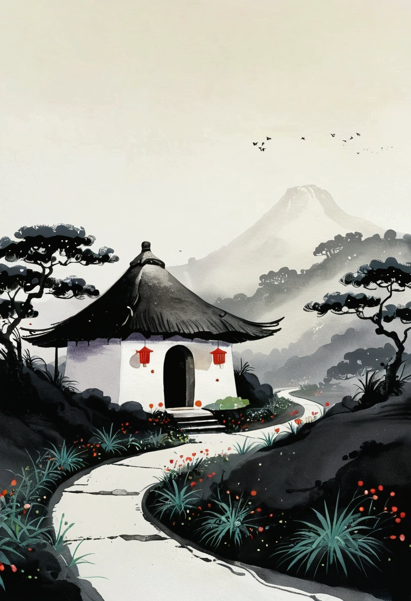 Sky occupies 3%/4,75%blank.Chinese Ink Painting Sketch:Peaceful and Freehand,abstract,Sketching,artistic conception:2.Dot,A small thatched hut on a winding path - chimney,Minimalism,White background。(((Negative Space:2,大面积blank:2, Bottom left corner composition)))