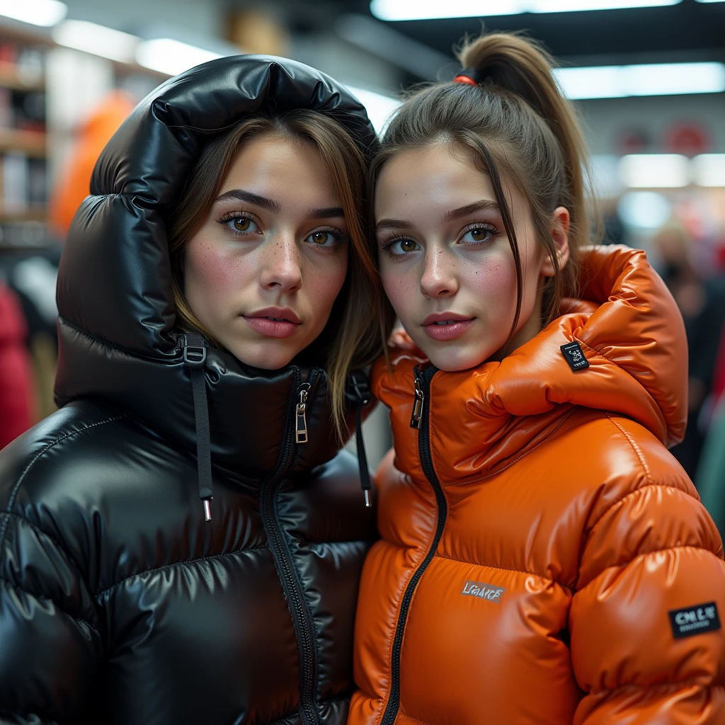 a slim ponytail 16 year old girl and her bestie standing in a pufferstore,beautiful detailed eyes,beautiful freckles,beautiful detailed lips,extremely detailed eyes and face,longeyelashes, wearing beautiful detailed hooded formfitting pyrenex overfilled shiny super gleamy super thick glossy puffer jacket covering her super padded skisuit,latex leggings,symmetrical,masterpiece,cinematic,lifelike,hyperrealistic,8k,photorealistic,highly detailed,intricate,exquisite,elegant,beautiful,stunning