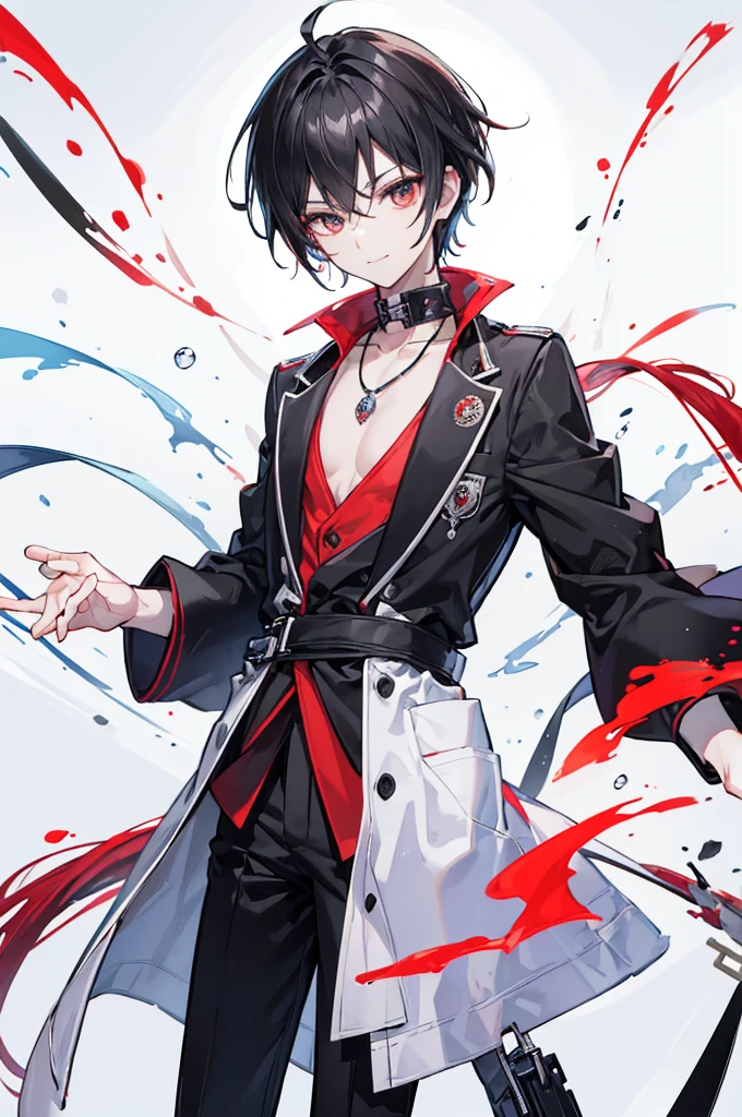 Highest quality, 16K, masterpiece :1.3　Ultra-high resolution　No abnormalities in detail　Detailed face　boy　Male　neutral　cool　Small stature　Black hair that reaches down to the eyes　Black and red odd eyes　Detailed Eyes　Wearing a doctor's lab coat　Black shirt　A red jewel necklace around the neck　Looking at me　A relaxed smile　Detailed face　　No background　Burning sleeves of a white coat　Soft Eyes　Cool vibe　　Black trousers　Tree Eyes　Occupation: Doctor　whole body　low length　　