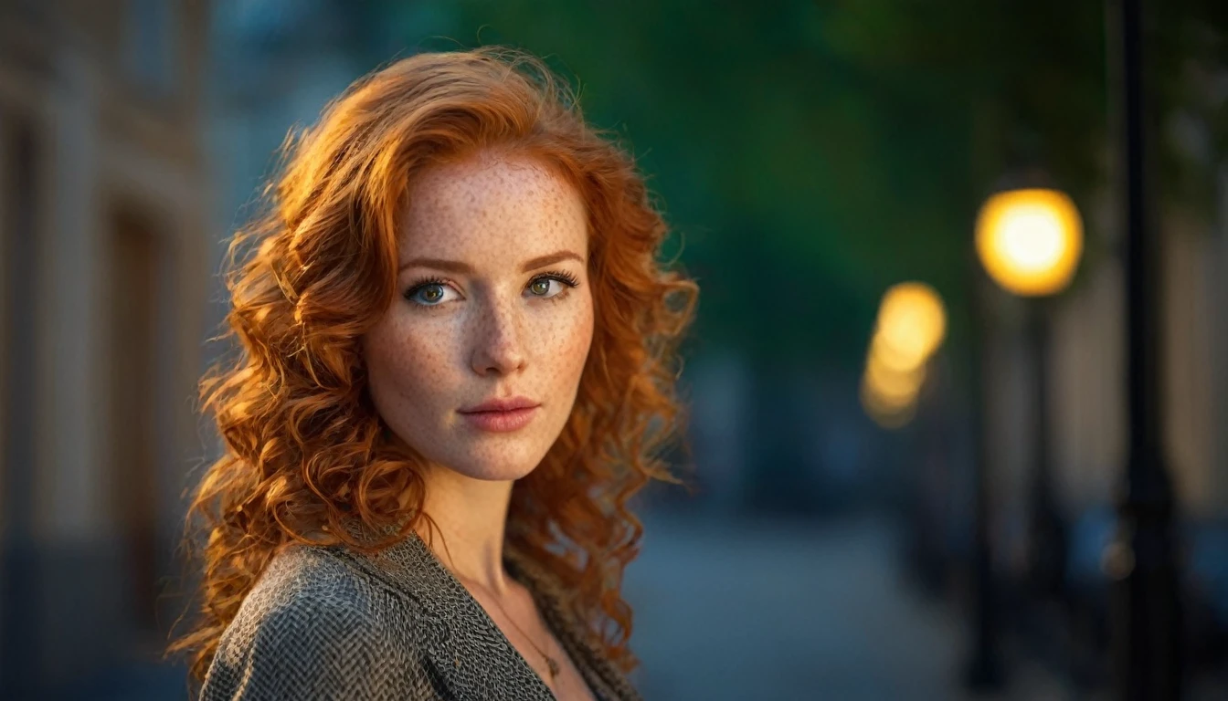 Realistic portrait of a beautiful natural red haired adult woman with a mysterious look with herself as the main subject. She has natural light red hair that is long, curly and voluminous, her skin is pale, her face is round with a few freckles, and her eyes are bright honey-colored, characteristic of a natural red haired woman. She is dressed in a beautiful, sophisticated dress and looks at the camera with a penetrating, mysterious gaze, in a nocturnal outdoor setting that suggests a beautiful square with lampposts, trees, grass and benches. The artificial side lighting is warm, highlighting the woman's face and eyes, creating soft shadows and reinforcing the mysterious tone of the scene. The background is blurred to suggest a dimly lit environment and focus on the main subject, with a bokeh effect of a few points of light suggesting streetlamps. High-resolution professional photography with extreme detail.