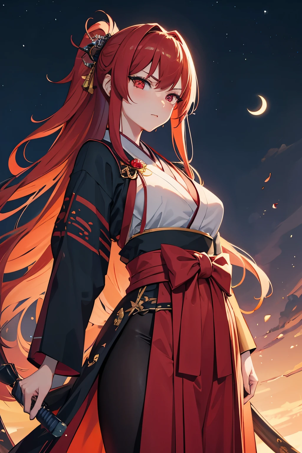 masterpiece, best quality, high quality, detailed, ultra detailed, hyper detailed, insanely detailed, exquisite, beautiful, FHD, Full-HD, 4K, 8K, highres, absurdres, woman, samurai, grumpy, glaring, standing, looking at viewer, long hair, red hair, red eyes, tall, toned body, beautiful breasts, leggy, hakama, blush, Scene of Tension, in the village, at night, cel anime, from front, front view, upper body, with a crescent moon, with a nebula