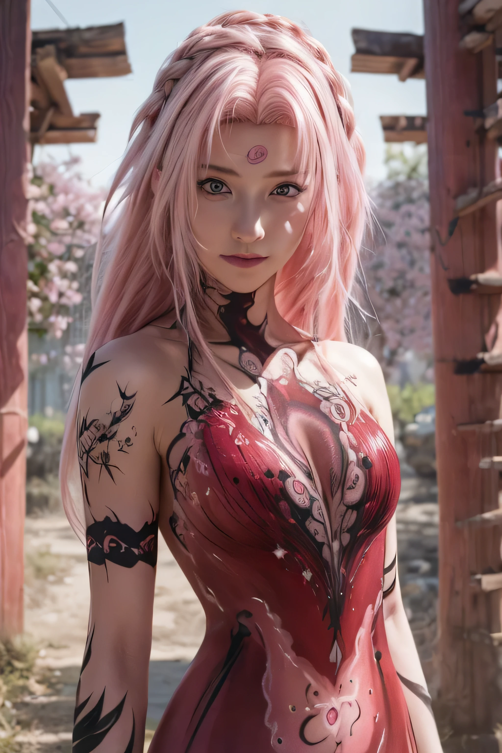 masterpiece, best quality, (realistic,photo-realistic:1.4), (RAW photo:1.2), extremely detailed CG unity 8k wallpaper, delicate and beautiful, amazing,finely detail, official art, absurdres, incredibly absurdres, huge filesize, ultra-detailed,extremely detailed eyes and face,light on face,haruno sakura,(little smile),(pink hair:1.4),(long hair:1.4),(body painting :1.5),(nature background:1.4),(braided hair:1.3)