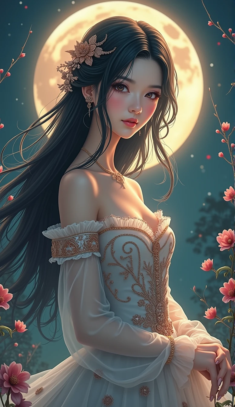 a beautiful anime girl, long flowing hair, detailed facial features, delicate porcelain skin, elegant posture, detailed dress, ornate moon in the background, detailed fantasy landscape, dramatic lighting, cinematic composition, vibrant colors, digital art, highly detailed, intricate details, masterpiece, photorealistic, 8k