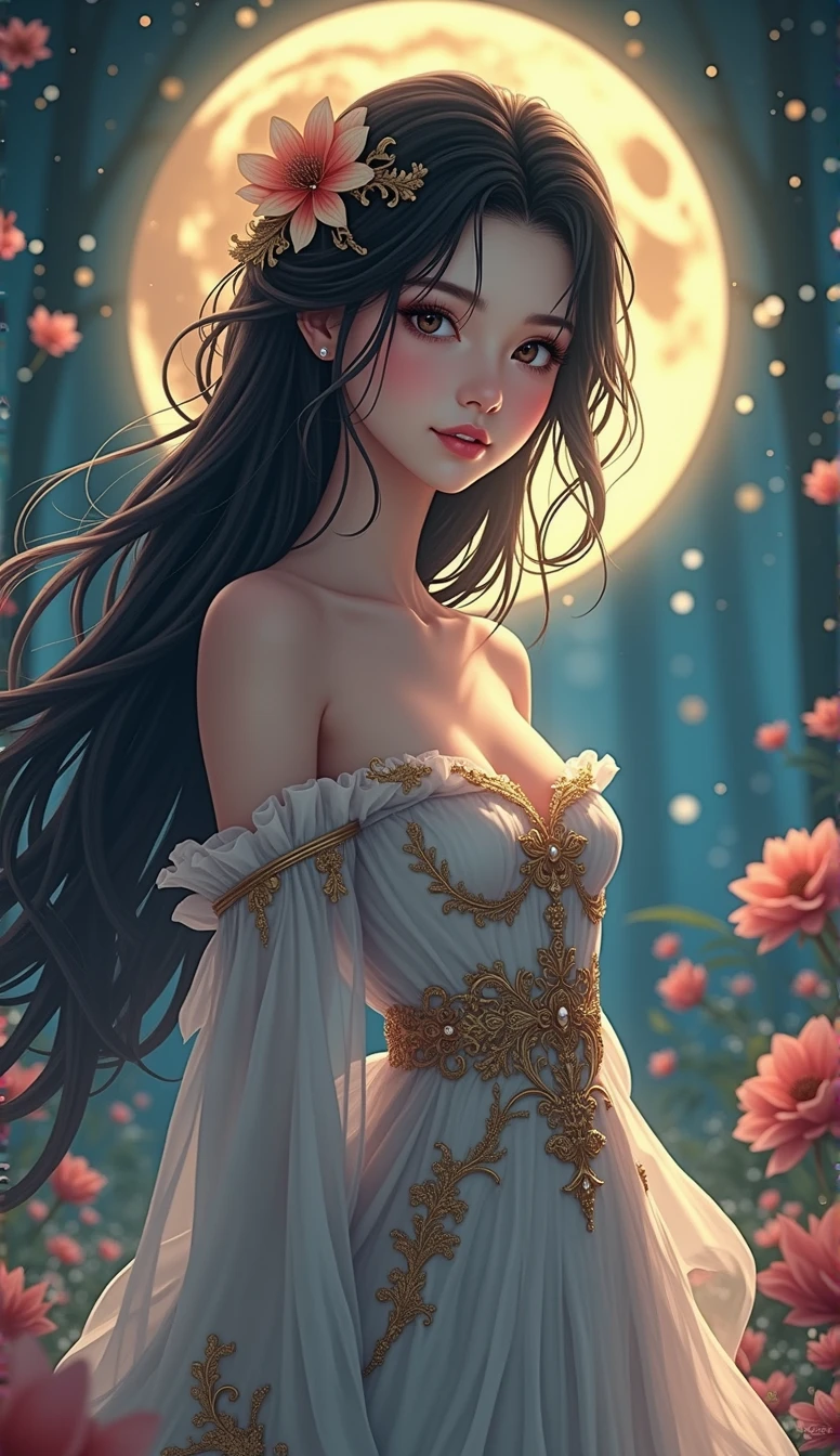 a beautiful anime girl, long flowing hair, detailed facial features, delicate porcelain skin, elegant posture, detailed dress, ornate moon in the background, detailed fantasy landscape, dramatic lighting, cinematic composition, vibrant colors, digital art, highly detailed, intricate details, masterpiece, photorealistic, 8k