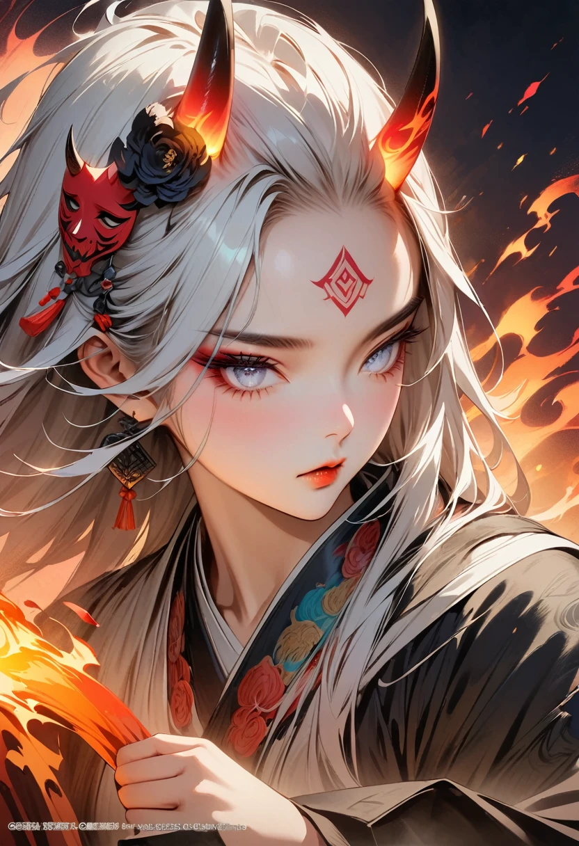 (Masterpiece, Top quality, Best quality, Official art, Beautiful and aesthetic:1.2), (((Bright white eyes full of color, extremely detailed)))Ink drawing, (((Very detailed forehead tattoo))), (((Wearing Anbu mask)))A tempting devil,1 girl, wearing a kimono, (2 small oni horns:1.6), fire around her, Glowing body, Colorful, Top detailed, Cold light,  Tattoo
